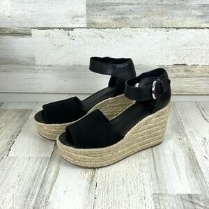 Marc Fisher Women’s 9 Black Leather Suede Buckle Platform Espadrille Sandals NEW